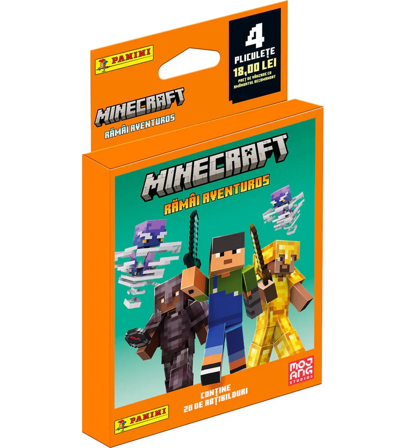 Panini Minecraft Rămâi Aventuros matricagyűjtő ecoblister 4 csomaggal, Steve és karakterek grafikájával a csomagoláson