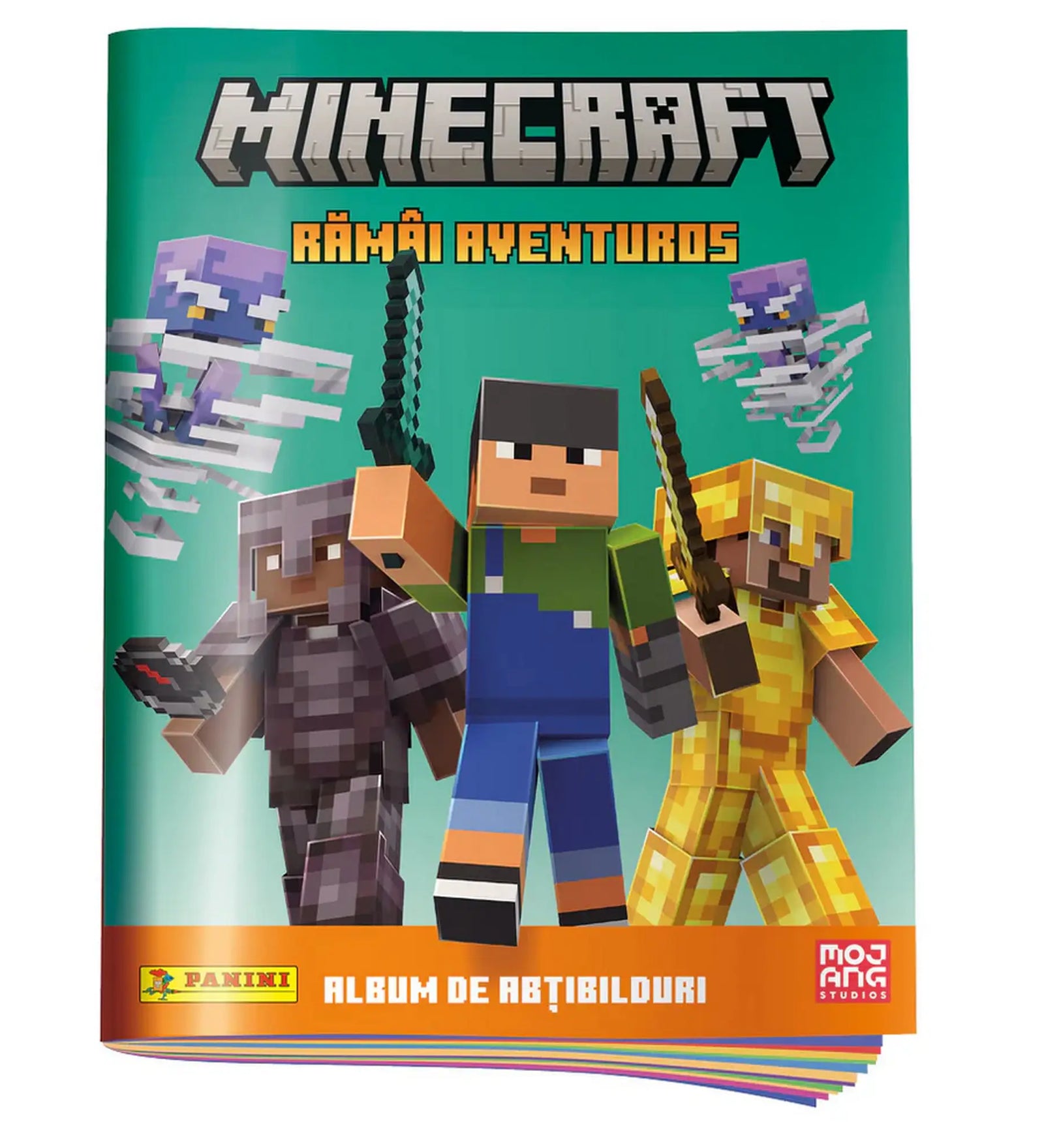 Panini Minecraft matricás album borítója, Steve és páncélos karakterek harci jelenetben, zöld háttérrel.