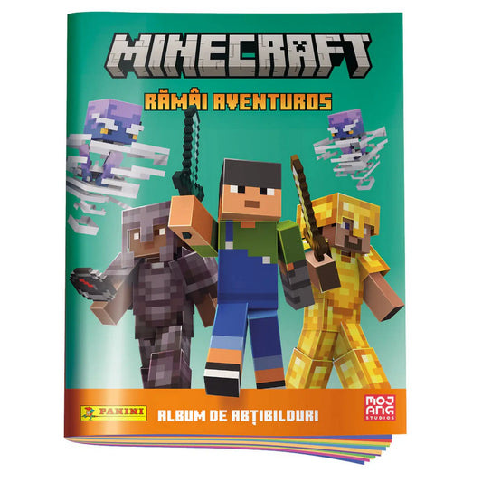 Panini Minecraft matricás album borítója, Steve és páncélos karakterek harci jelenetben, zöld háttérrel.