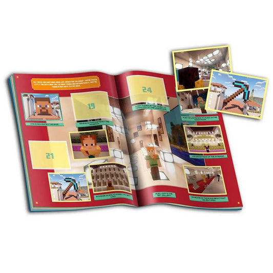 Panini Minecraft matricás album színes belső oldala jelenetekkel, matricahelyekkel és Minecraft képekkel.