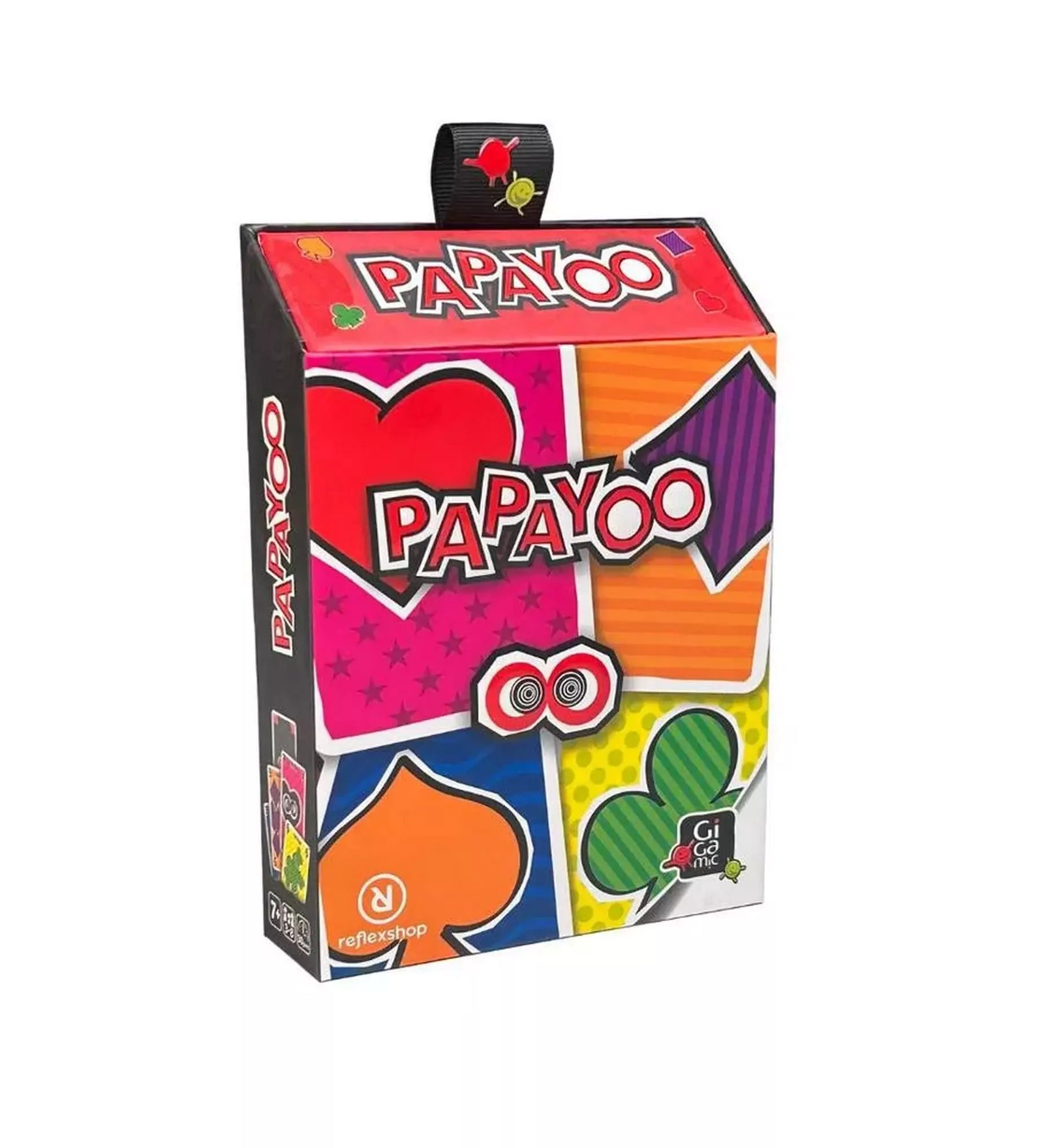 A Papayoo társasjáték színes doboza, szív, káró, pikk és treff mintákkal.