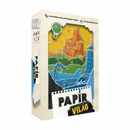 A Papírvilág társasjáték doboza közelről, a színes, papírszerű illusztrációkat ábrázoló borítóval.
