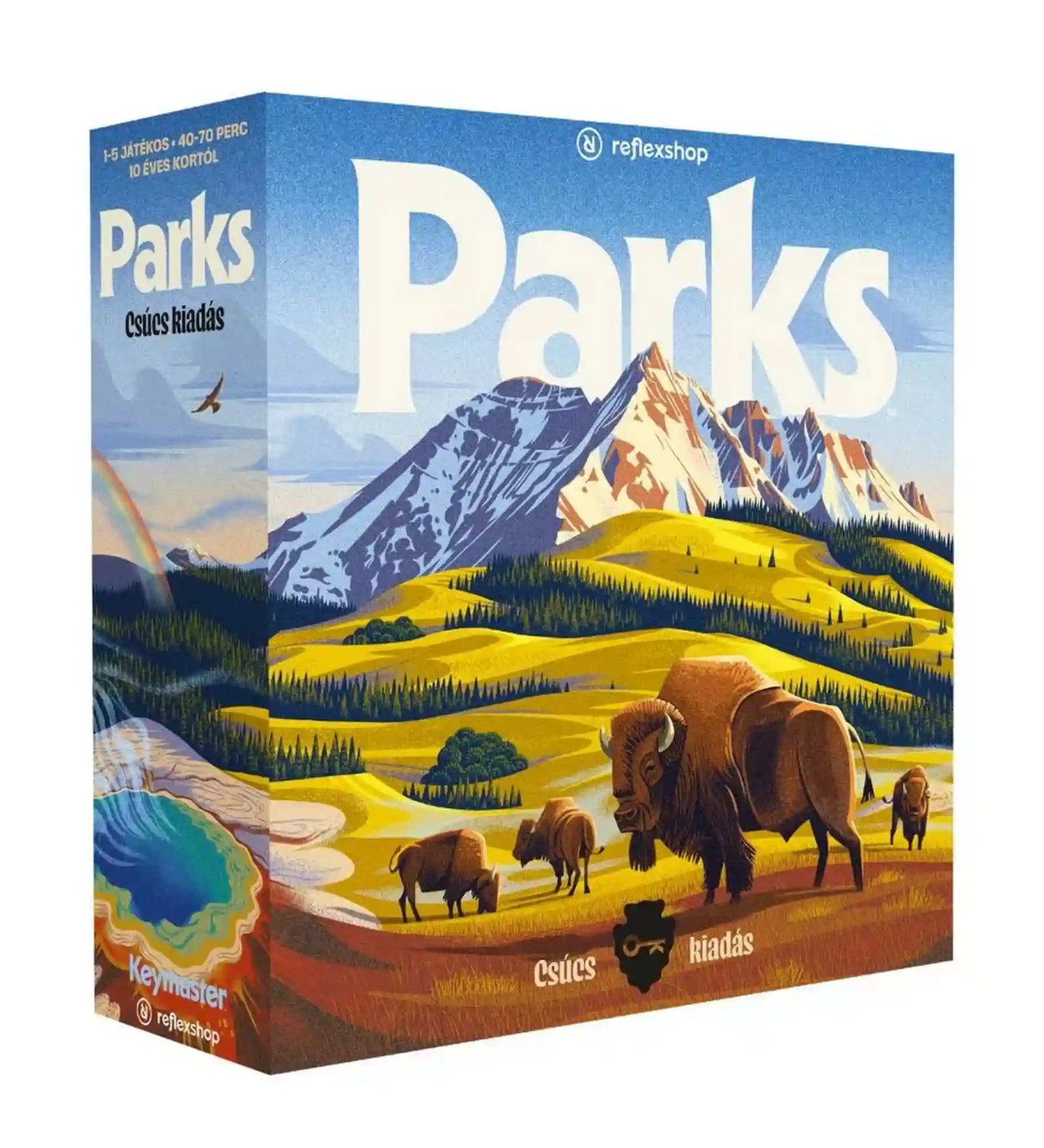 Parks Csúcs kiadás társasjáték doboz 3D nézetben, hegyvidéki illusztrációval, bölényekkel és prémium kivitelben