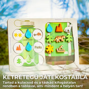 Parks társasjáték kétrétegű játékostábla közelről, kulacs mechanikával, erőforrás ikonokkal és fa jelölőkkel