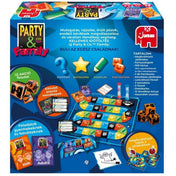 Party & Co Family társasjáték dobozának hátoldala, a játéktábla, kártyák, homokórák és kockák bemutatásával, játéktípusokkal és tartalomjegyzékkel.