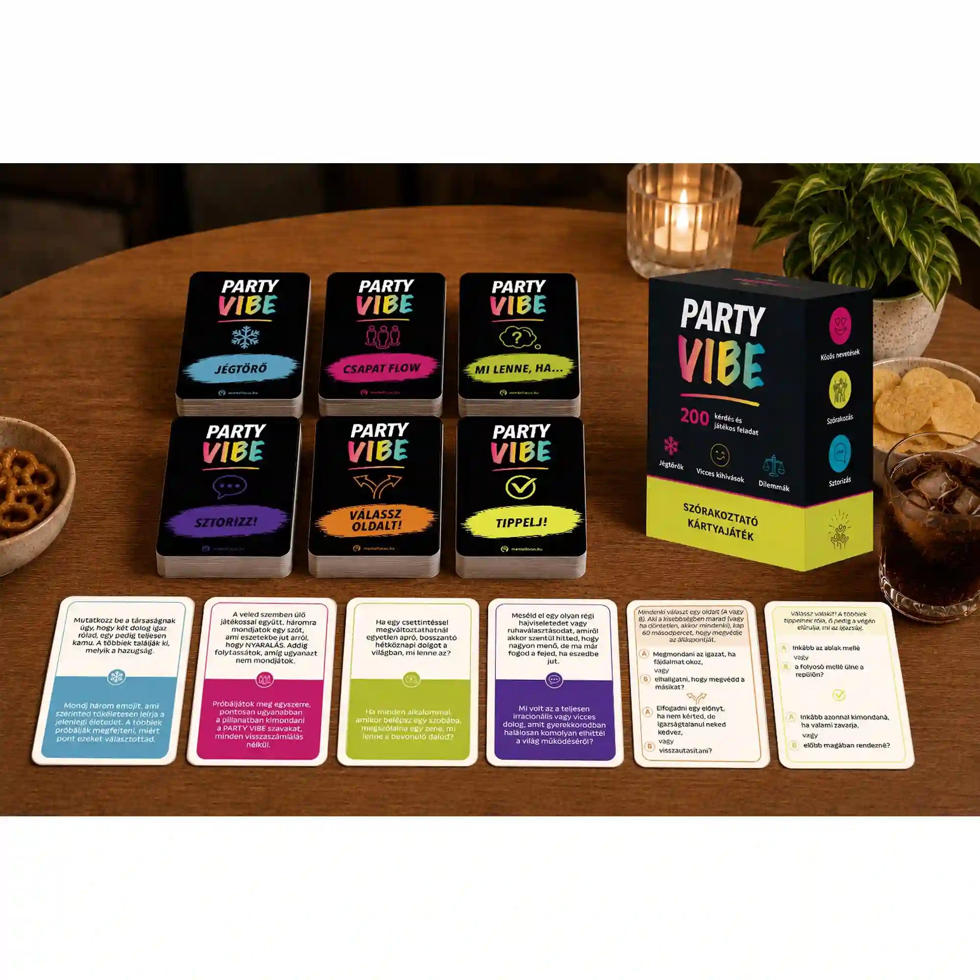 Party Vibe kártyajáték hat kártyatípusa és kérdéskártyái egy asztalon