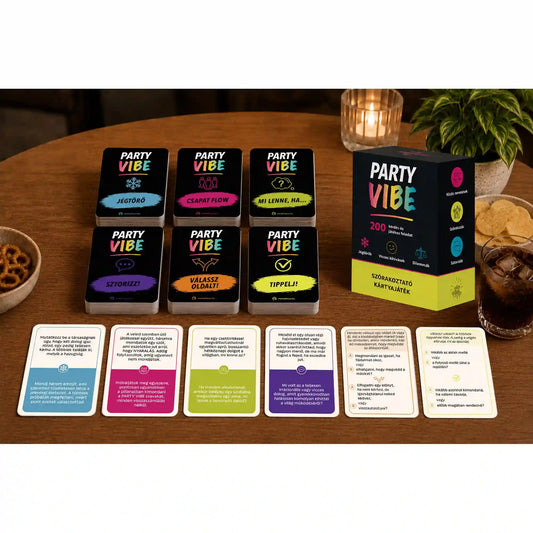 Party Vibe kártyajáték hat kártyatípusa és kérdéskártyái egy asztalon
