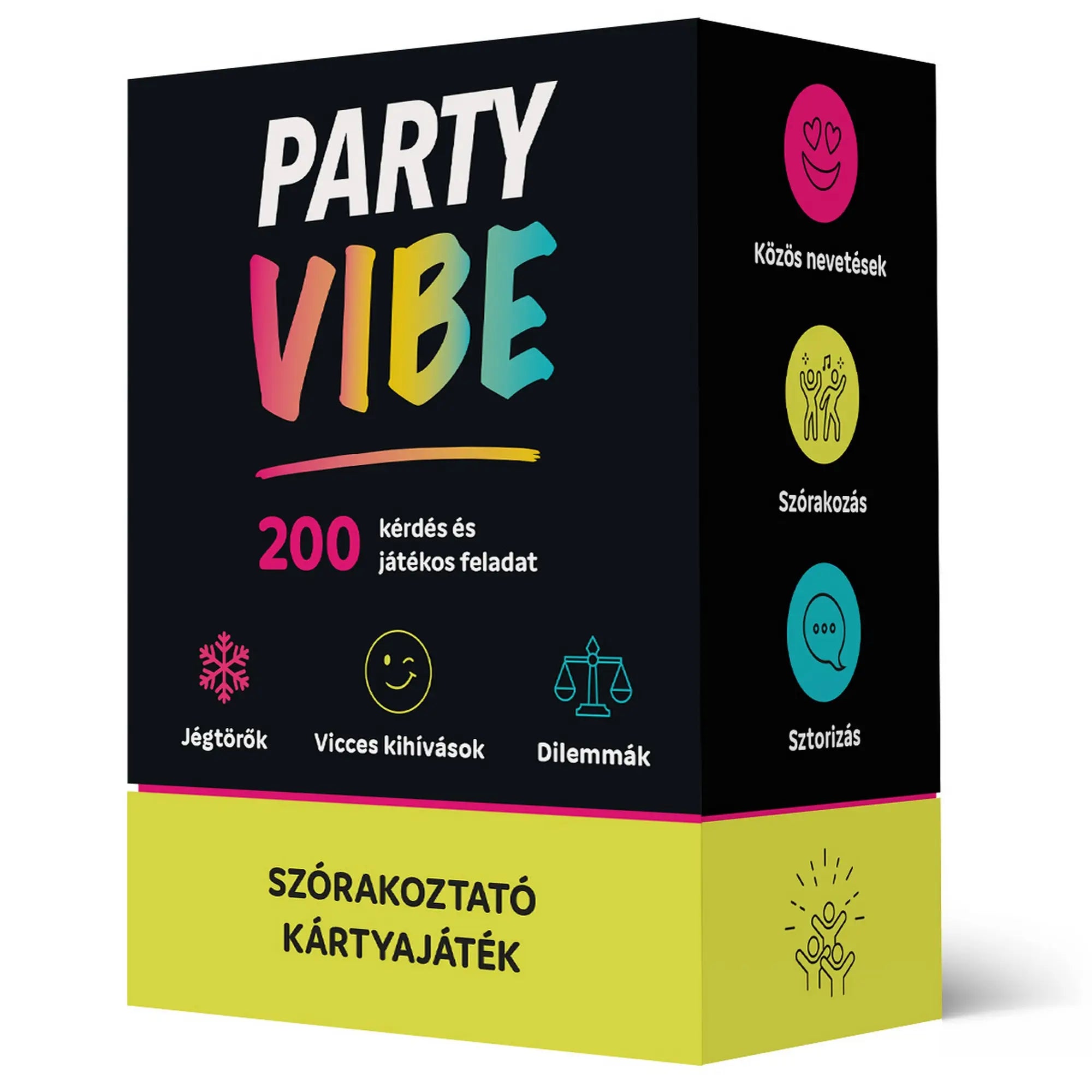 Party Vibe szórakoztató kártyajáték doboza 200 kérdéssel és játékos feladattal