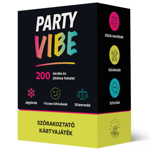 Party Vibe szórakoztató kártyajáték doboza 200 kérdéssel és játékos feladattal