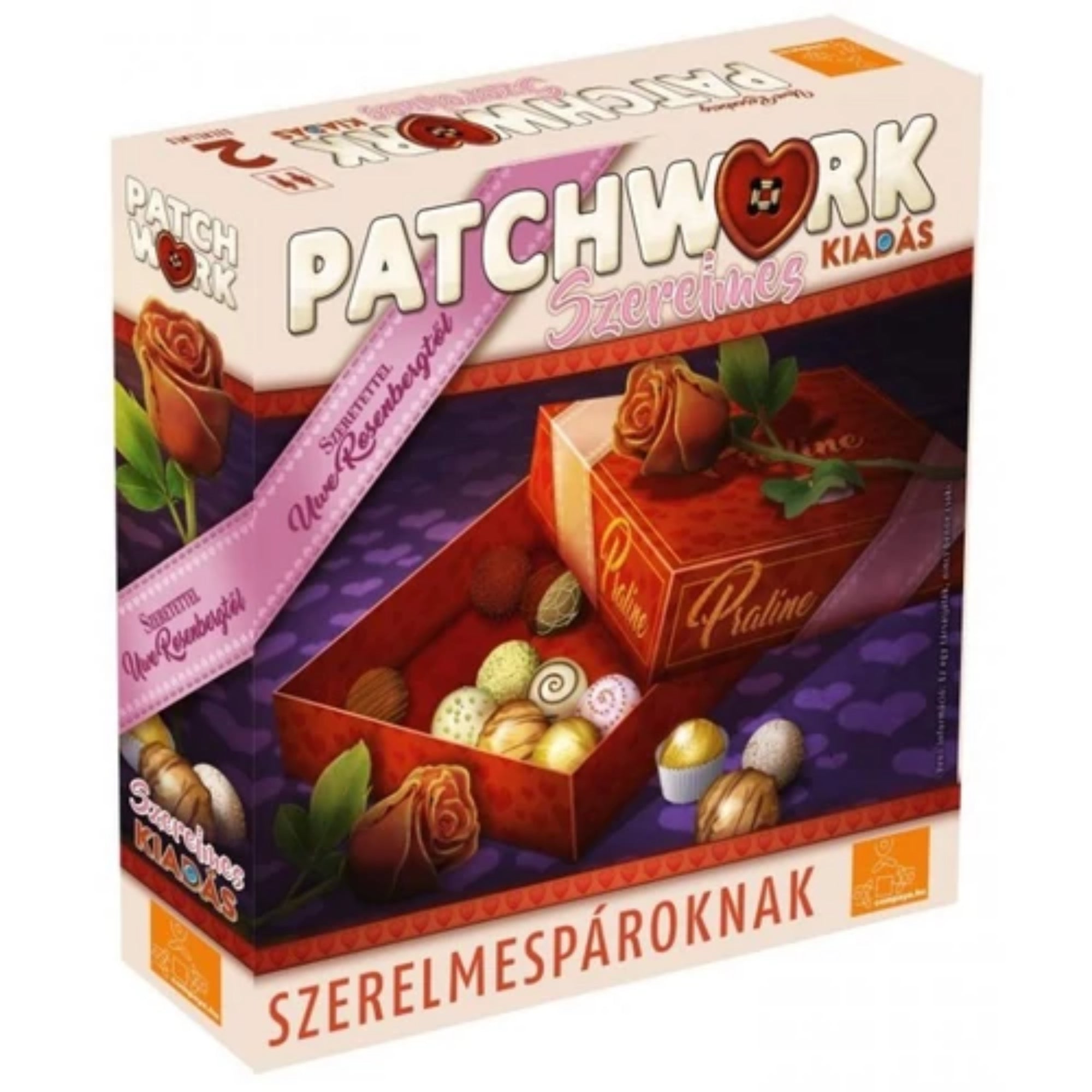 Patchwork Szerelmes Kiadás társasjáték doboza, romantikus pralinés doboz és rózsák grafikával, pároknak szóló kiadás.