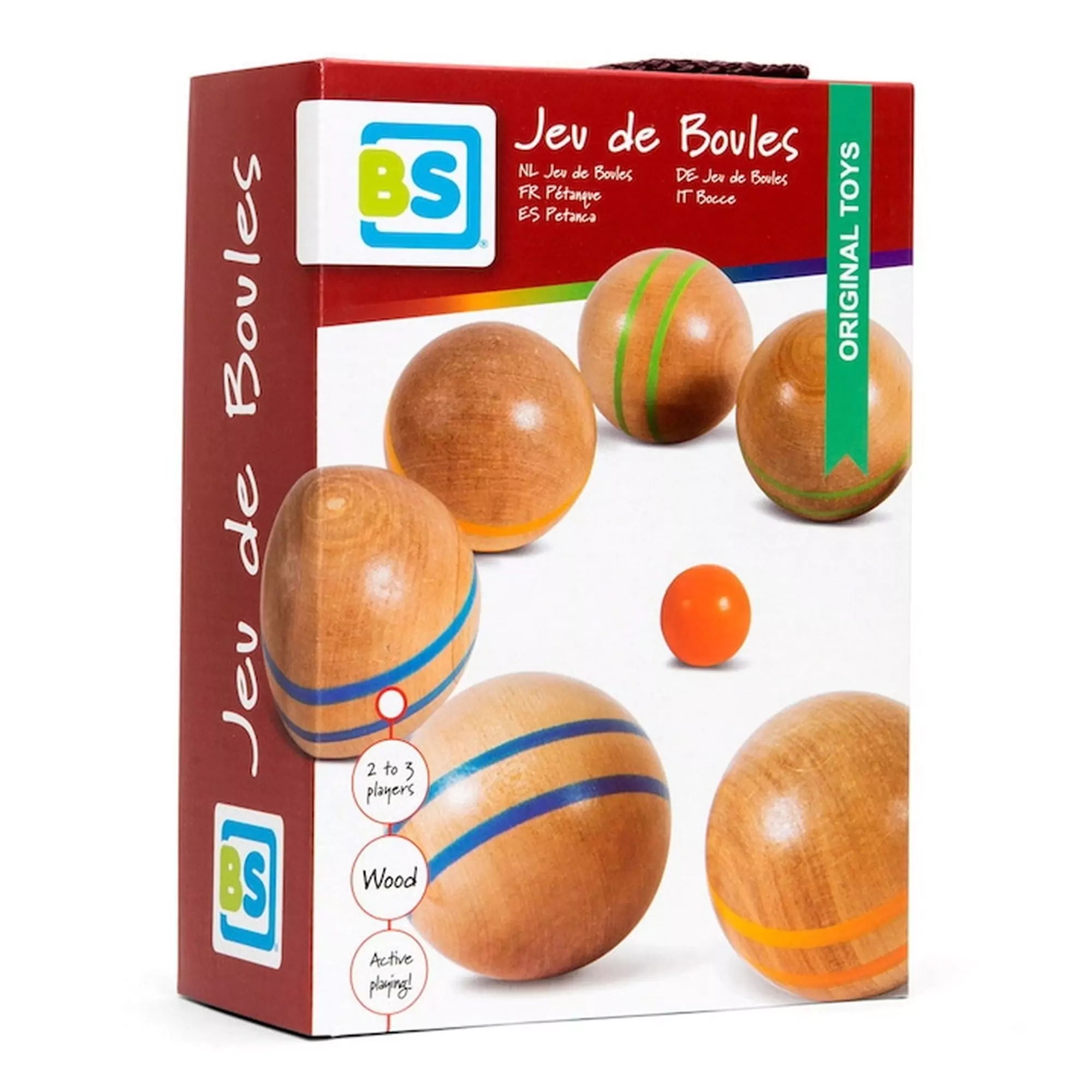  Petanque, ügyességi játék, BS Toys – fa golyók színes csíkokkal a játék dobozán megjelenítve.