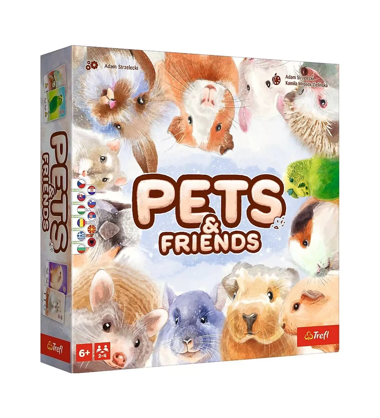 Pets & Friends társasjáték doboza aranyos kisállatokkal, többnyelvű változat jelzéseivel a bal oldalon.