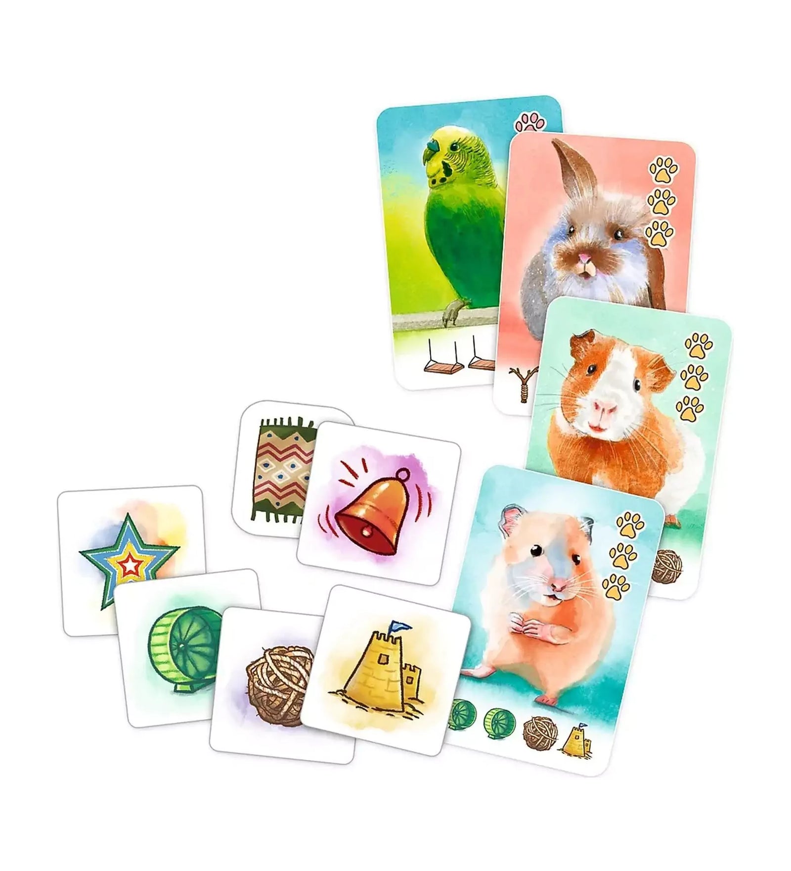 Pets & Friends társasjáték kártyái különféle kisállatfigurákkal és színes játékkorongokkal.