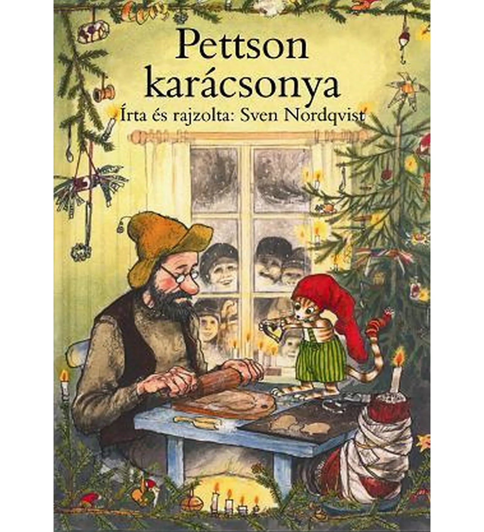 „Pettson karácsonya” című könyv borítója, Sven Nordqvist illusztrációjával. A képen Pettson és macskája, Findusz karácsonyi díszítés közben láthatóak, háttérben feldíszített karácsonyfával és havas ablakon át bekukucskáló gyerekekkel.