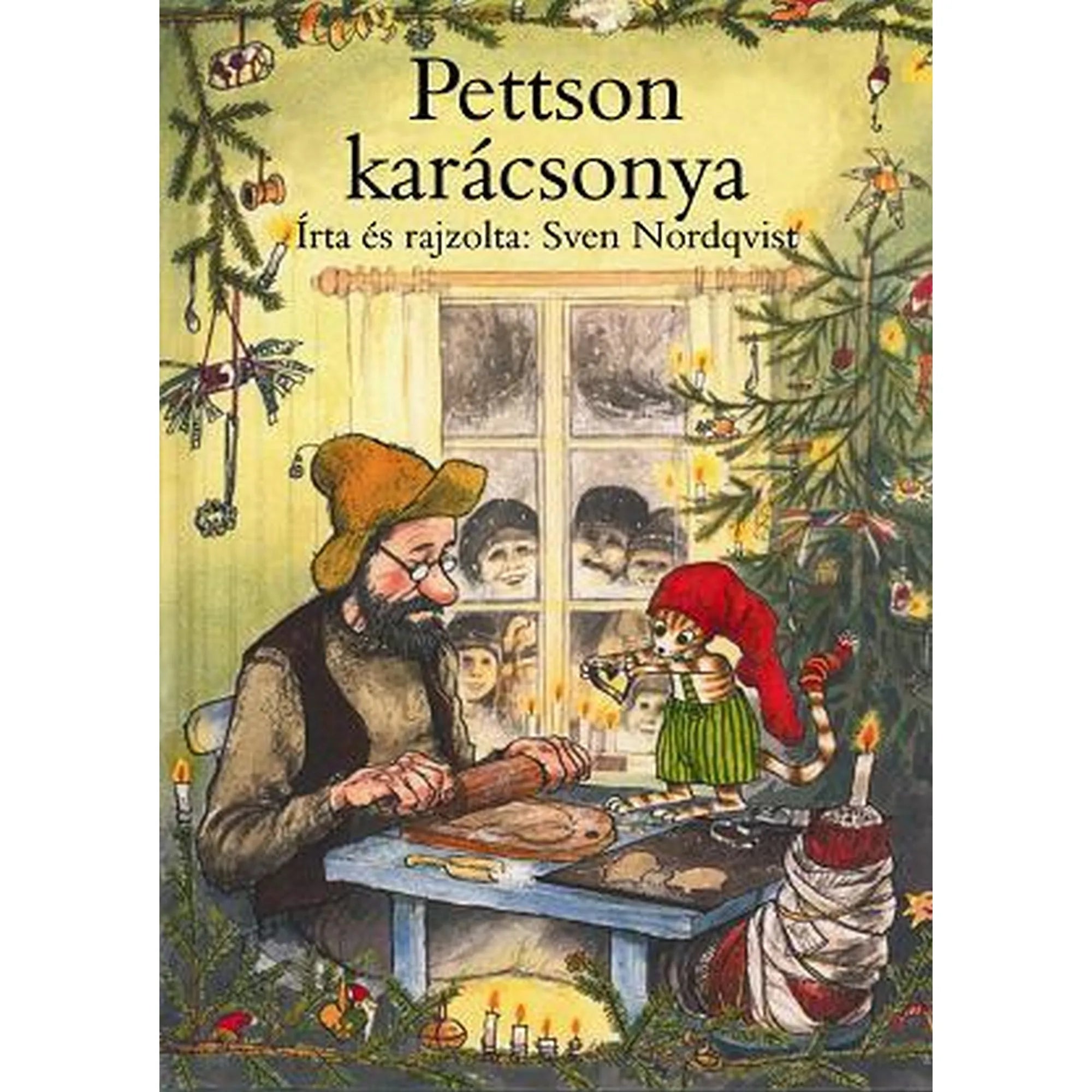„Pettson karácsonya” című könyv borítója, Sven Nordqvist illusztrációjával. A képen Pettson és macskája, Findusz karácsonyi díszítés közben láthatóak, háttérben feldíszített karácsonyfával és havas ablakon át bekukucskáló gyerekekkel.