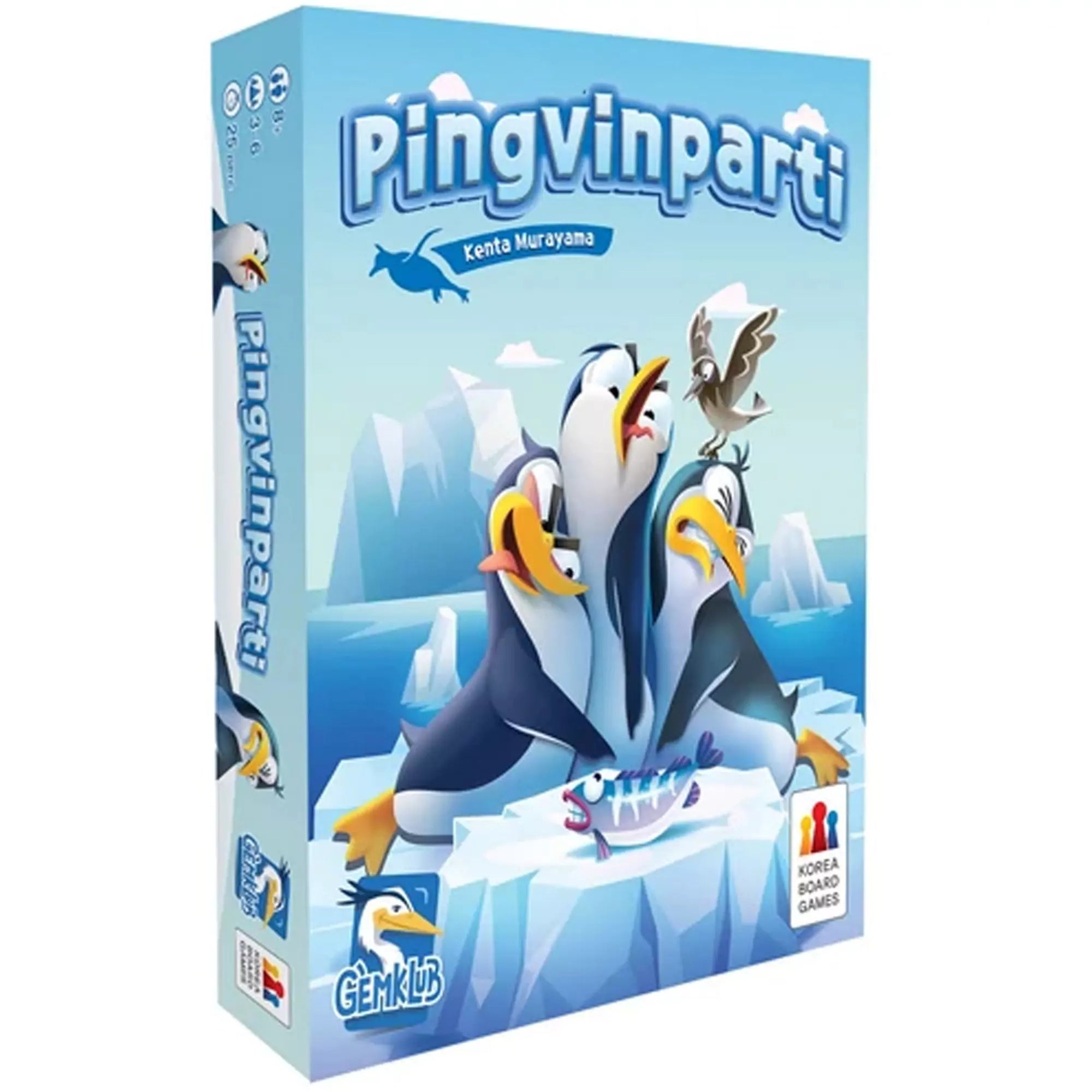 Pingvinparti társasjáték doboza, vidám rajzzal három pingvinről és egy sirályról a jégtáblák között, a GÉMKlub és Korea Board Games logókkal.

2. kép: