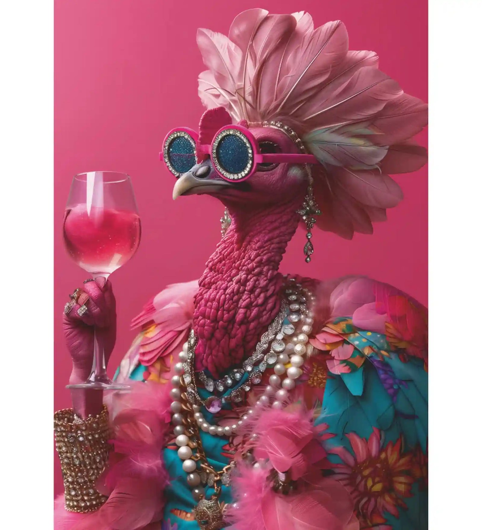 A Piatnik Pink Birdie 1000 darabos puzzle kirakott képe, divatos rózsaszín madárral, díszes tollkoronával, gyöngysorokkal, csillogó karkötővel és koktélospohárral, glamour stílusú kompozícióban.