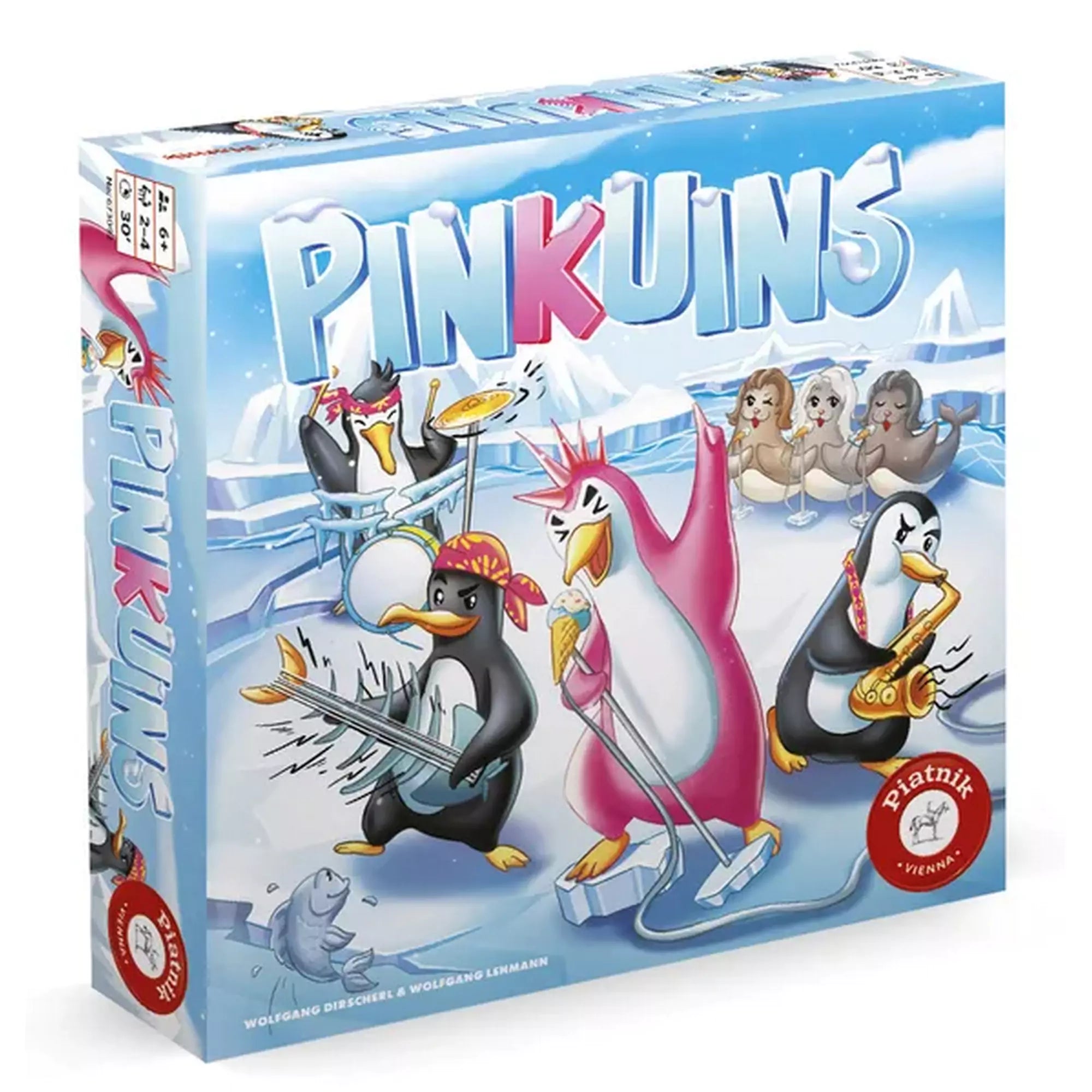 „A Pinkuins társasjáték színes doboza oldalnézetből, amely a zenélő pingvinzenekart ábrázolja, mókás hangulatban, fagyos antarktiszi környezetben.”