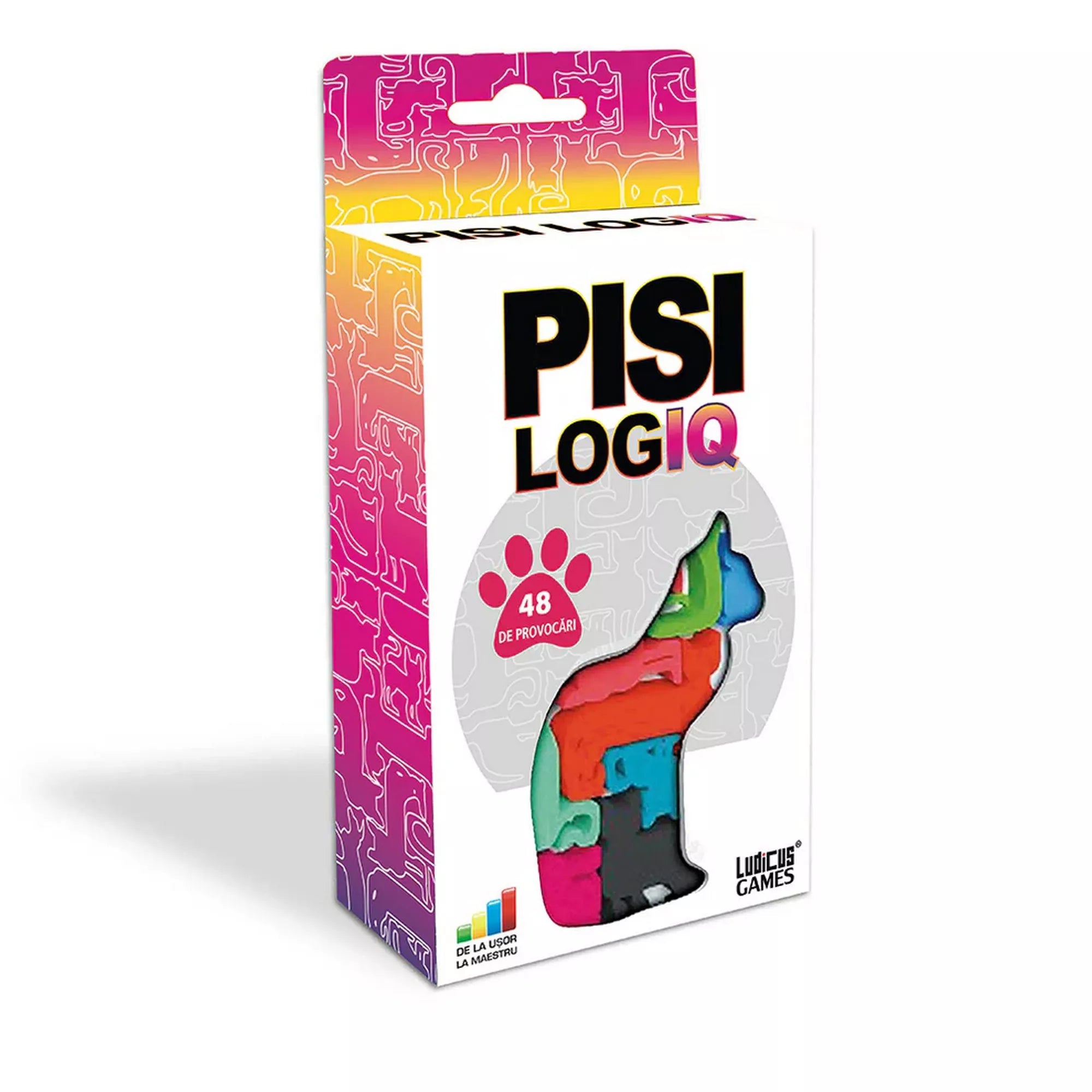 „A Pisi Logiq logikai játék doboza, színes macska alakú puzzle-elemekkel és 48 kihívást jelző ikonnal.”
