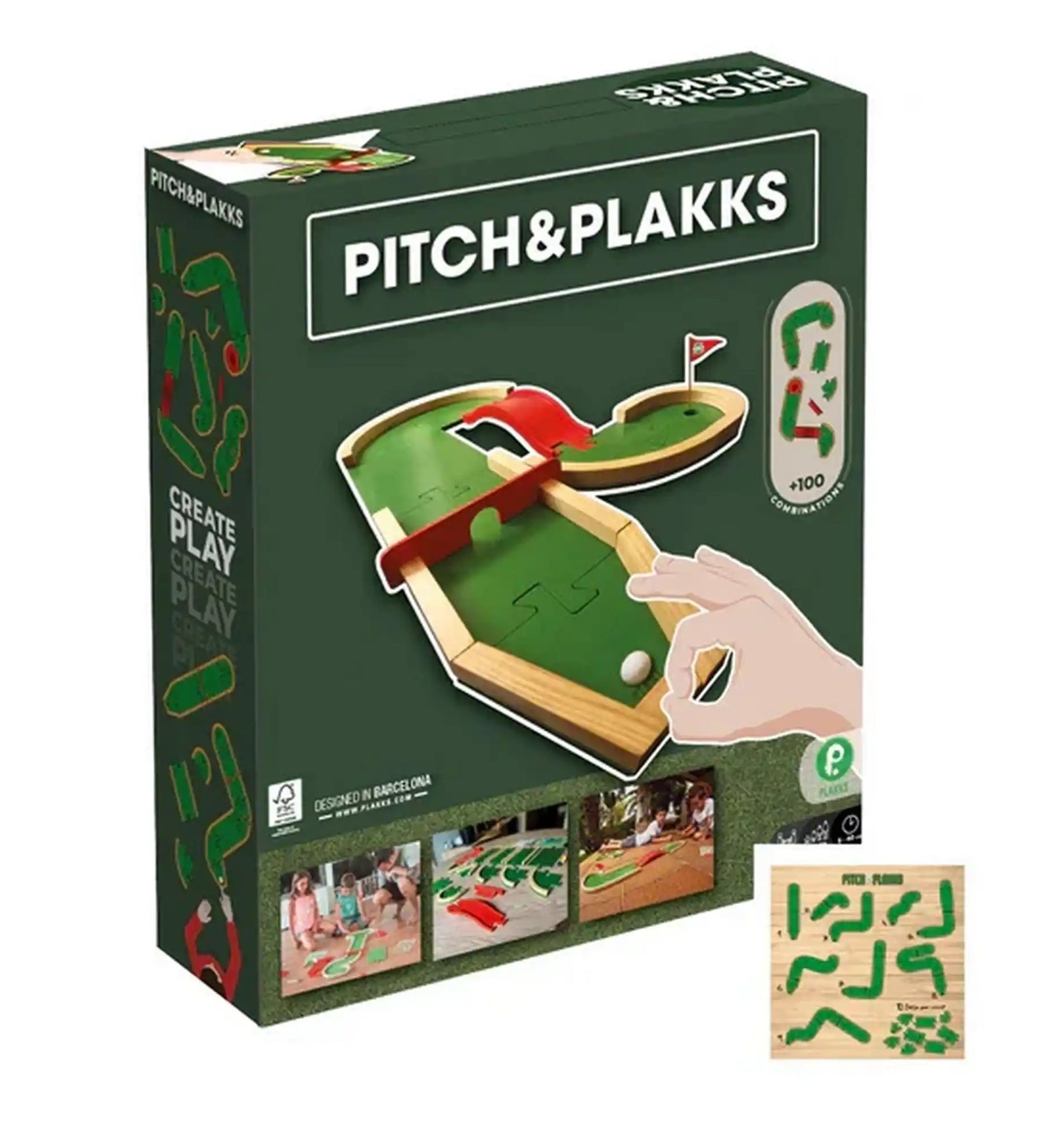 Pitch&Plakks moduláris mini golf társasjáték doboza a megépíthető pályával és játékelemekkel.