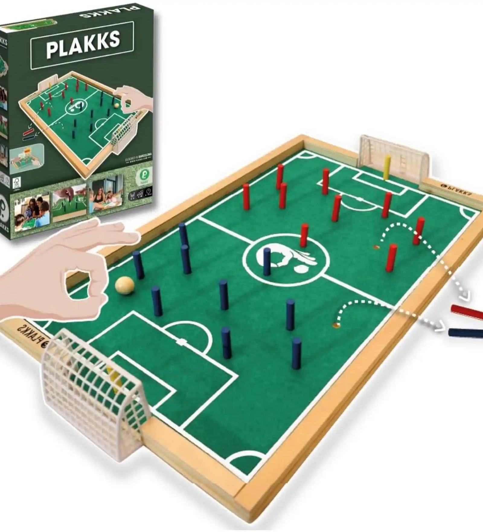 Plakks Football játéktábla piros és kék játékosokkal, két kapuval.