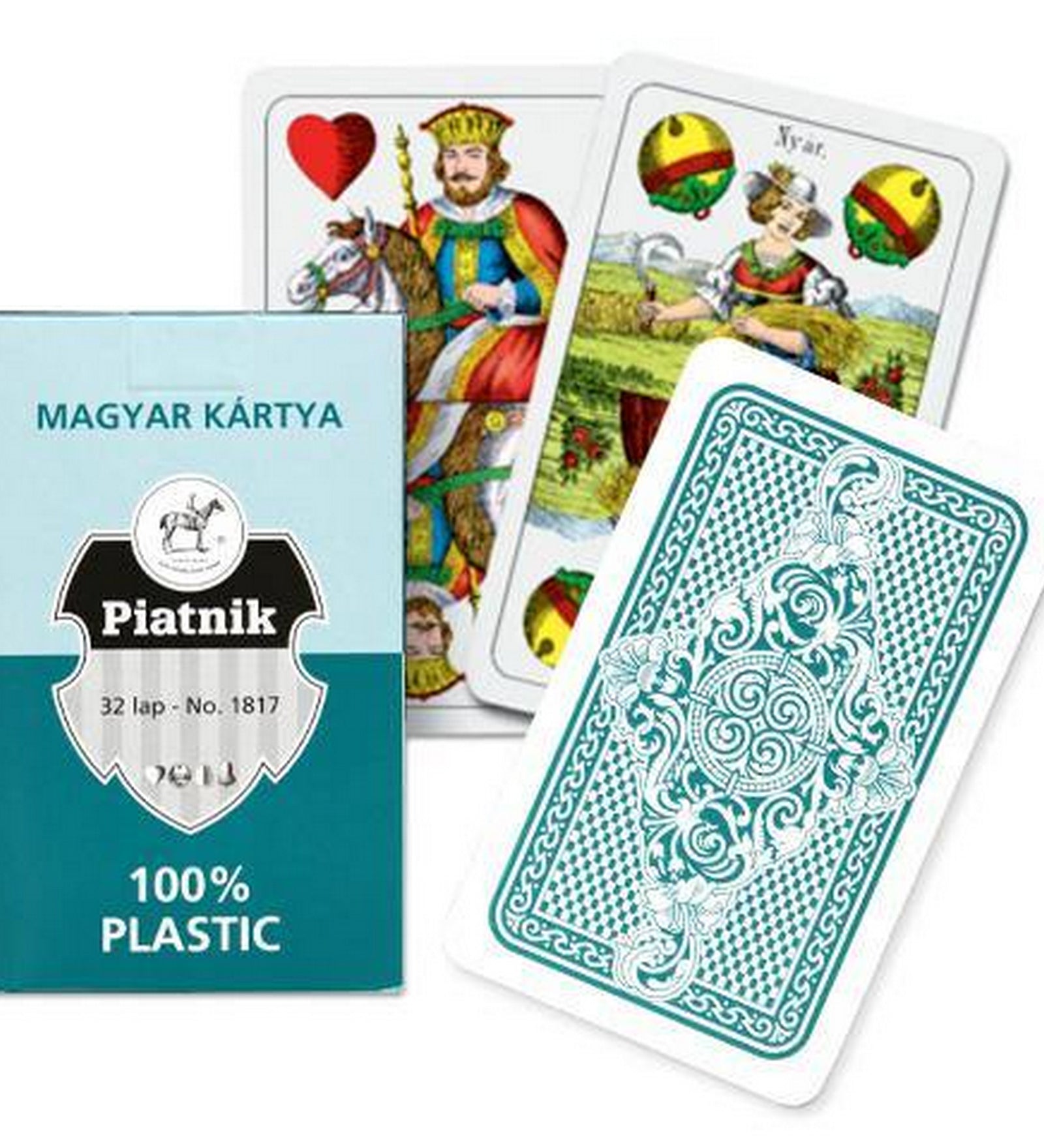 Piatnik magyar kártya 100% műanyag kivitelben, zöld dobozzal és klasszikus mintájú kártyalapokkal.