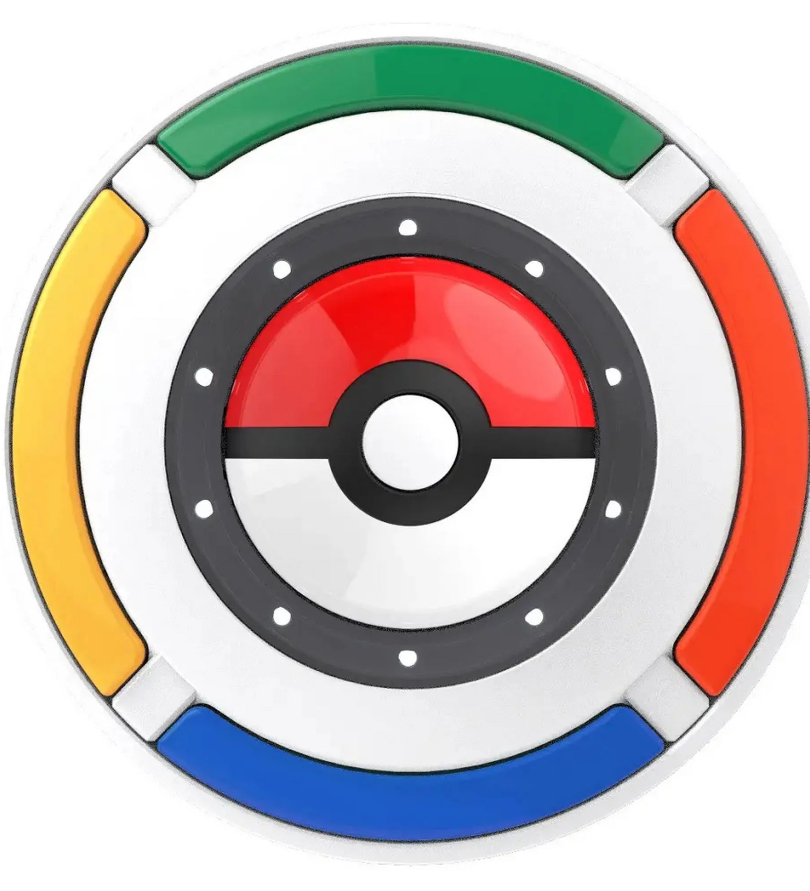 Pokémon Trainer Expert társasjáték kör alakú elektronikus játékelem felülnézetből, színes szegmensekkel és Poké Ball mintával fehér háttéren.