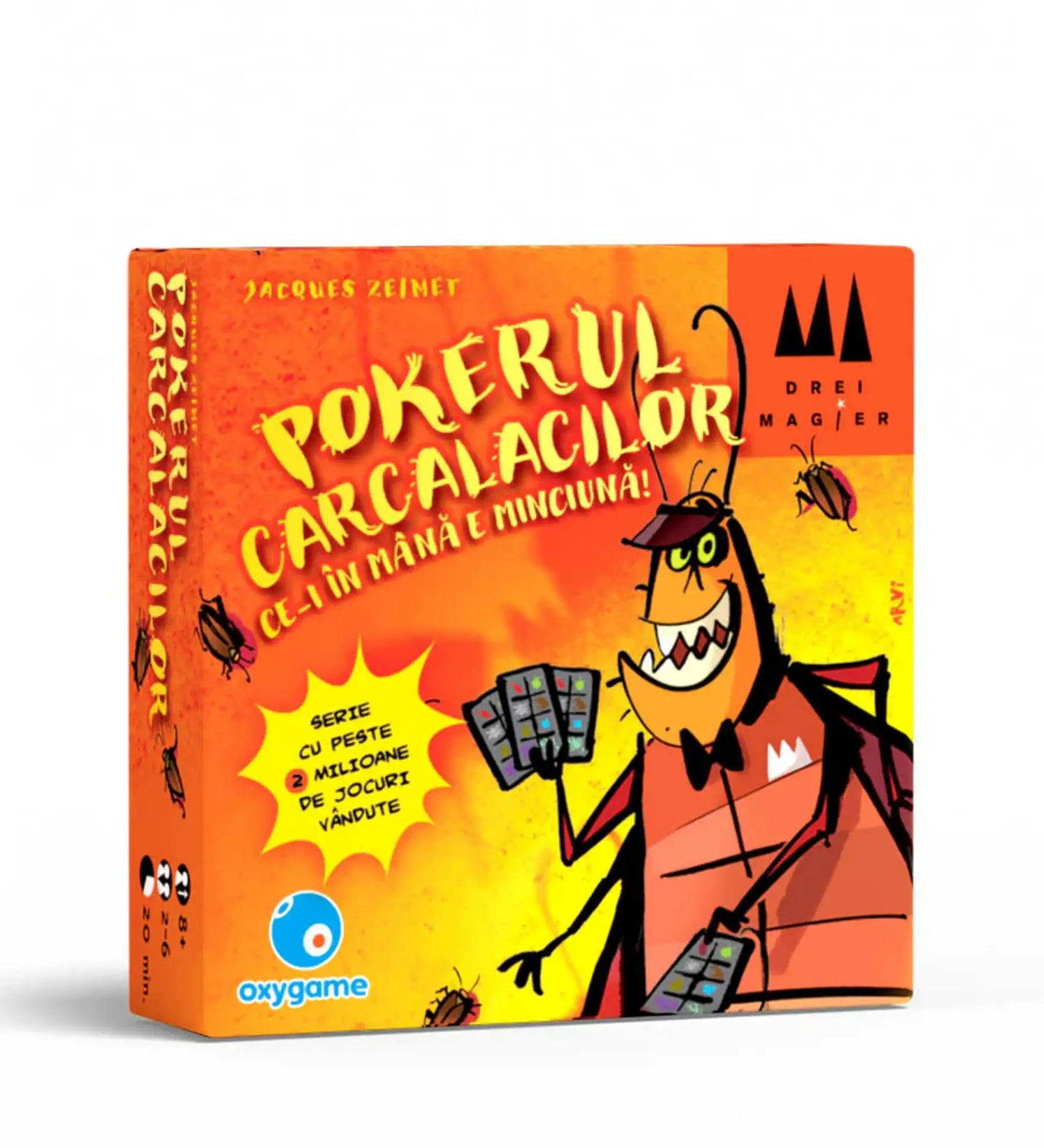Pokerul Carcalacilor román nyelvű társasjáték doboza humoros csótányfigurával és élénk narancssárga dizájnnal.