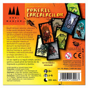 Pokerul Carcalacilor társasjáték hátoldala román nyelvű játékleírással, játékadatokkal és a kártyák illusztrációival.