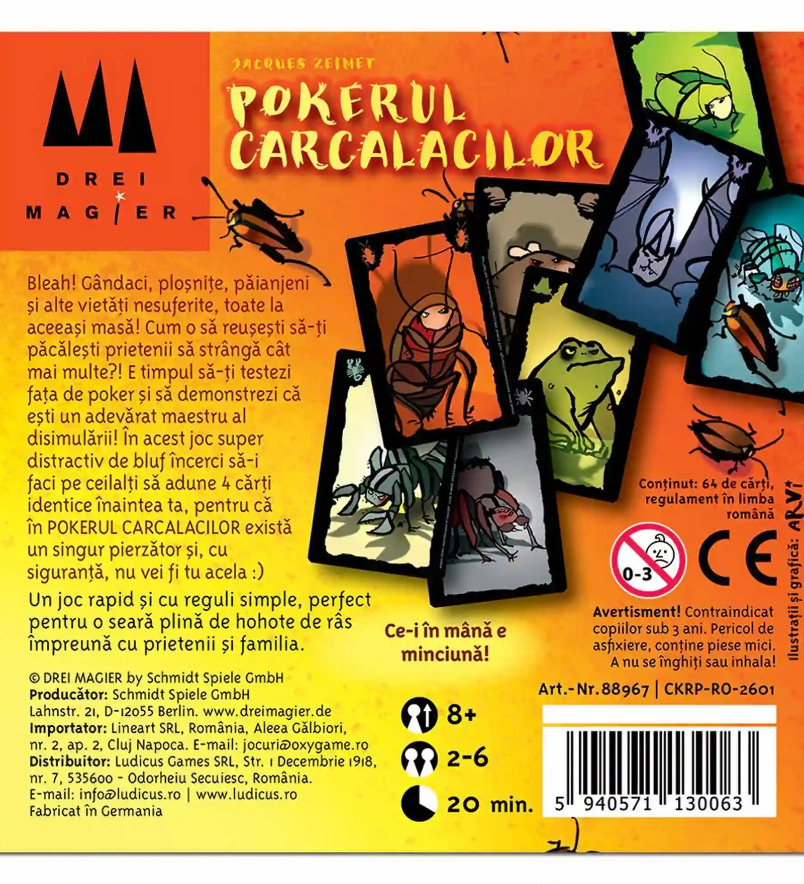 Pokerul Carcalacilor társasjáték hátoldala román nyelvű játékleírással, játékadatokkal és a kártyák illusztrációival.