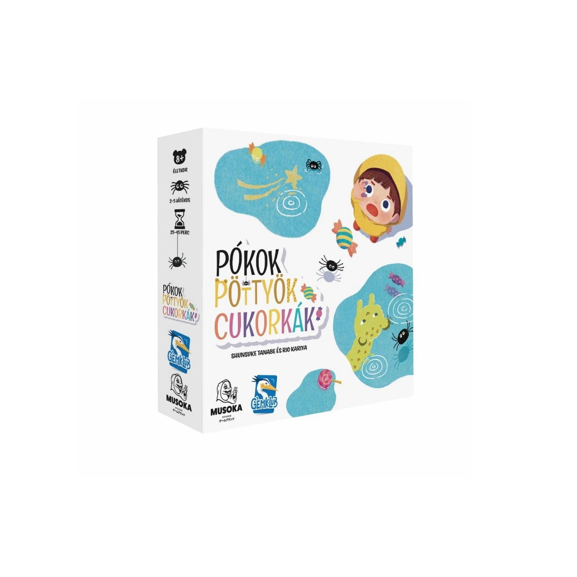 Pókok, pöttyök, cukorkák magyar nyelvű társasjáték doboza.