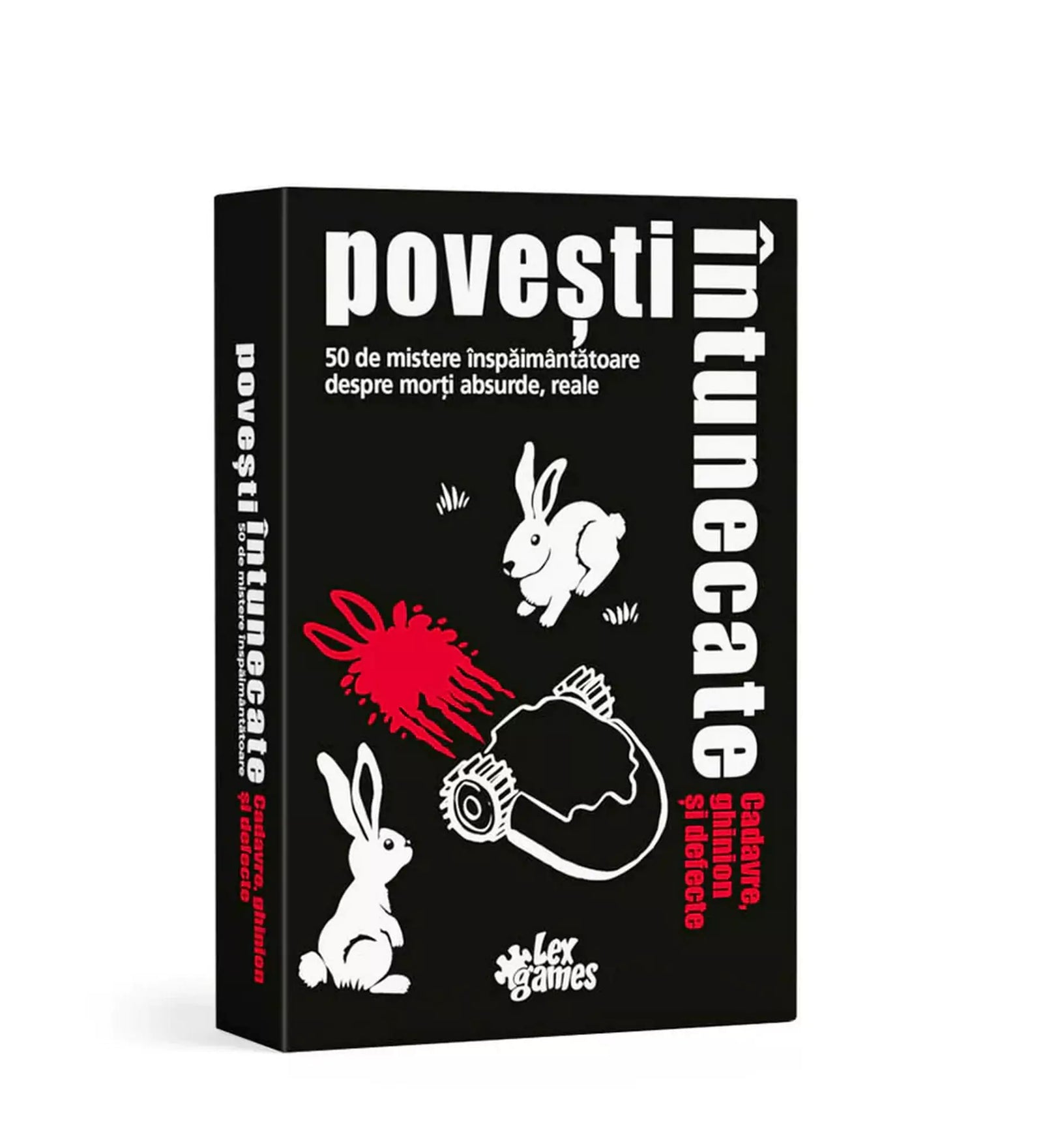 „Povești Întunecate: Cadavre, ghinion și defecte társasjáték doboza, fekete háttérrel, nyulakat és abszurd halálesetet ábrázoló grafikával, 50 rejtéllyel.”