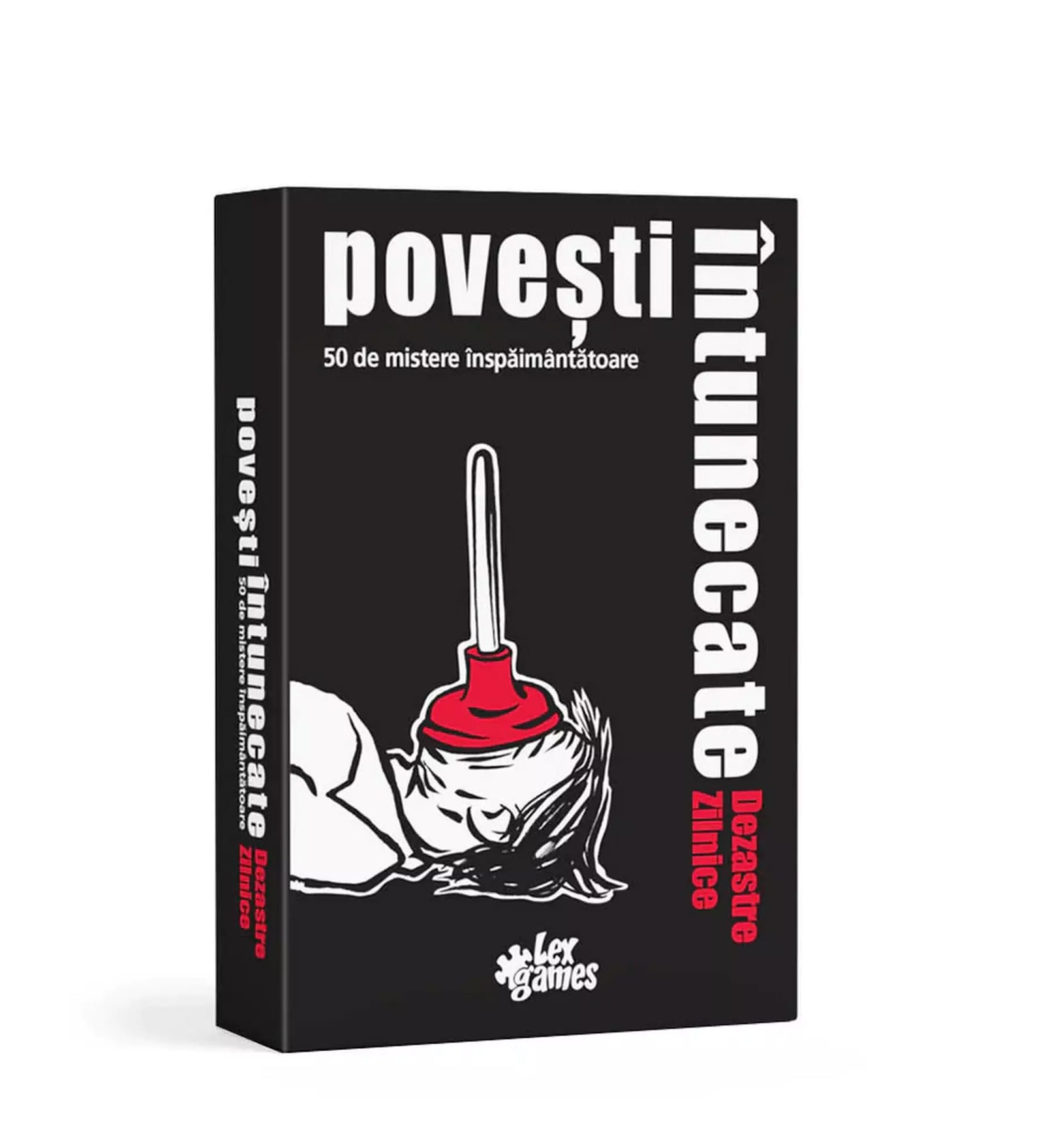 „A Povești Întunecate: Dezastre Zilnice társasjáték doboza, fekete háttérrel, piros és fehér illusztrációval, amely egy komikus, abszurd helyzetet ábrázol.