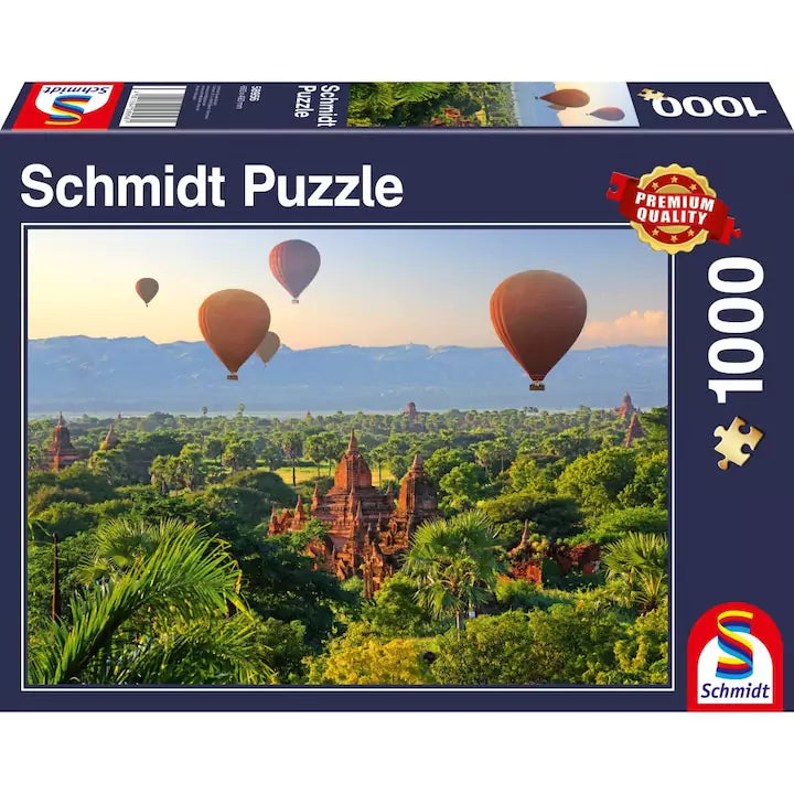 Puzzle Schmidt: Hőlégballonok Mandalay felett, Mianmar, 1000 darabos, doboz eleje