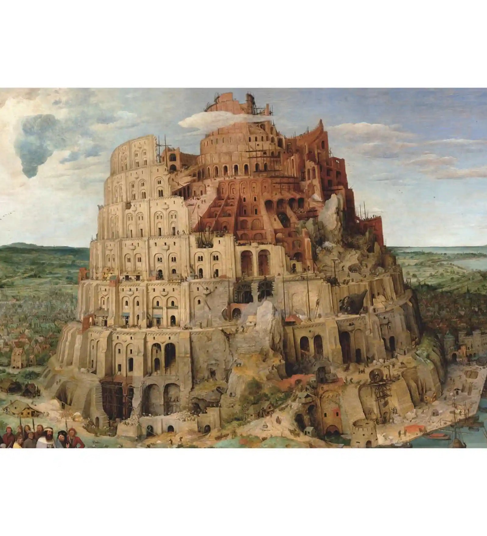 Pieter Bruegel the Elder The Tower of Babel festményének részletgazdag reprodukciója, monumentális toronnyal, építkezési jelenetekkel és reneszánsz városi háttérrel.