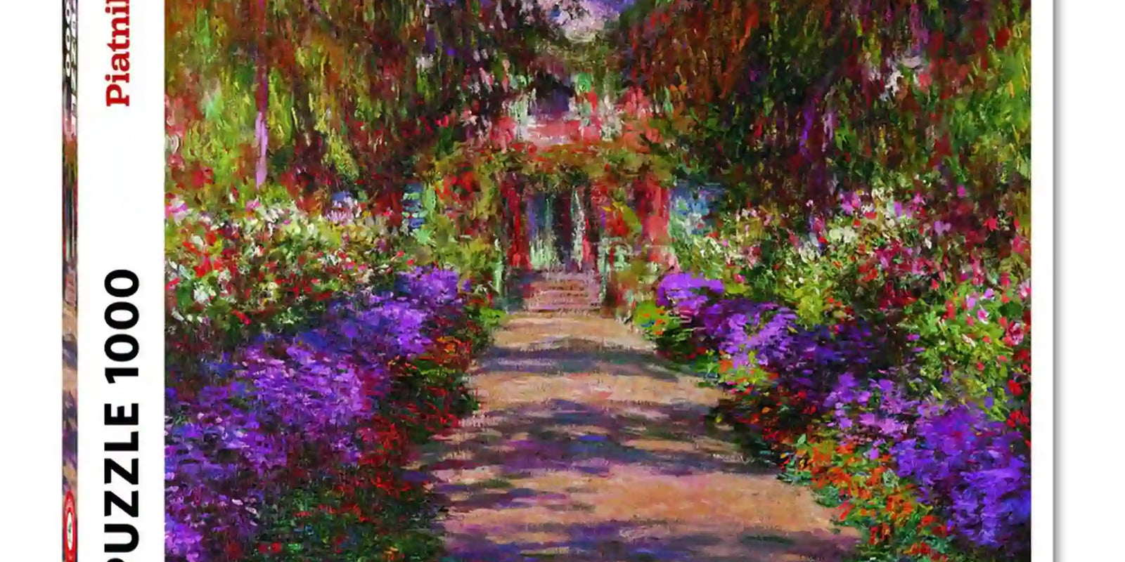 Piatnik Garden at Giverny - Claude Monet 1000 darabos puzzle,dobozkép, színpompás impresszionista kerti ösvénnyel, lila virágágyásokkal és buja növényzettel Monet híres stílusában.