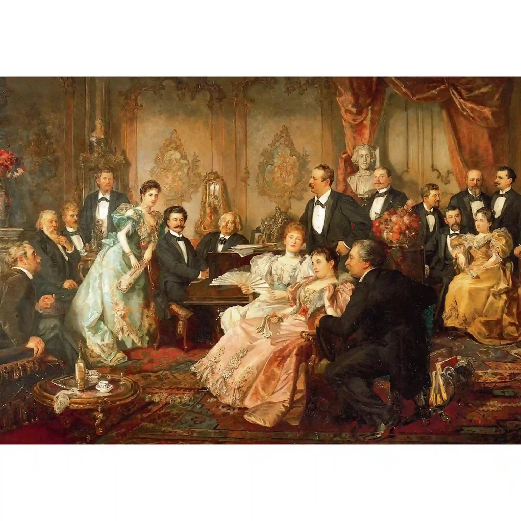 Johann Strauss elegáns szalonjelenetet ábrázoló festménye, korabeli bécsi társasággal, díszes ruhákban és gazdagon berendezett enteriőrben.