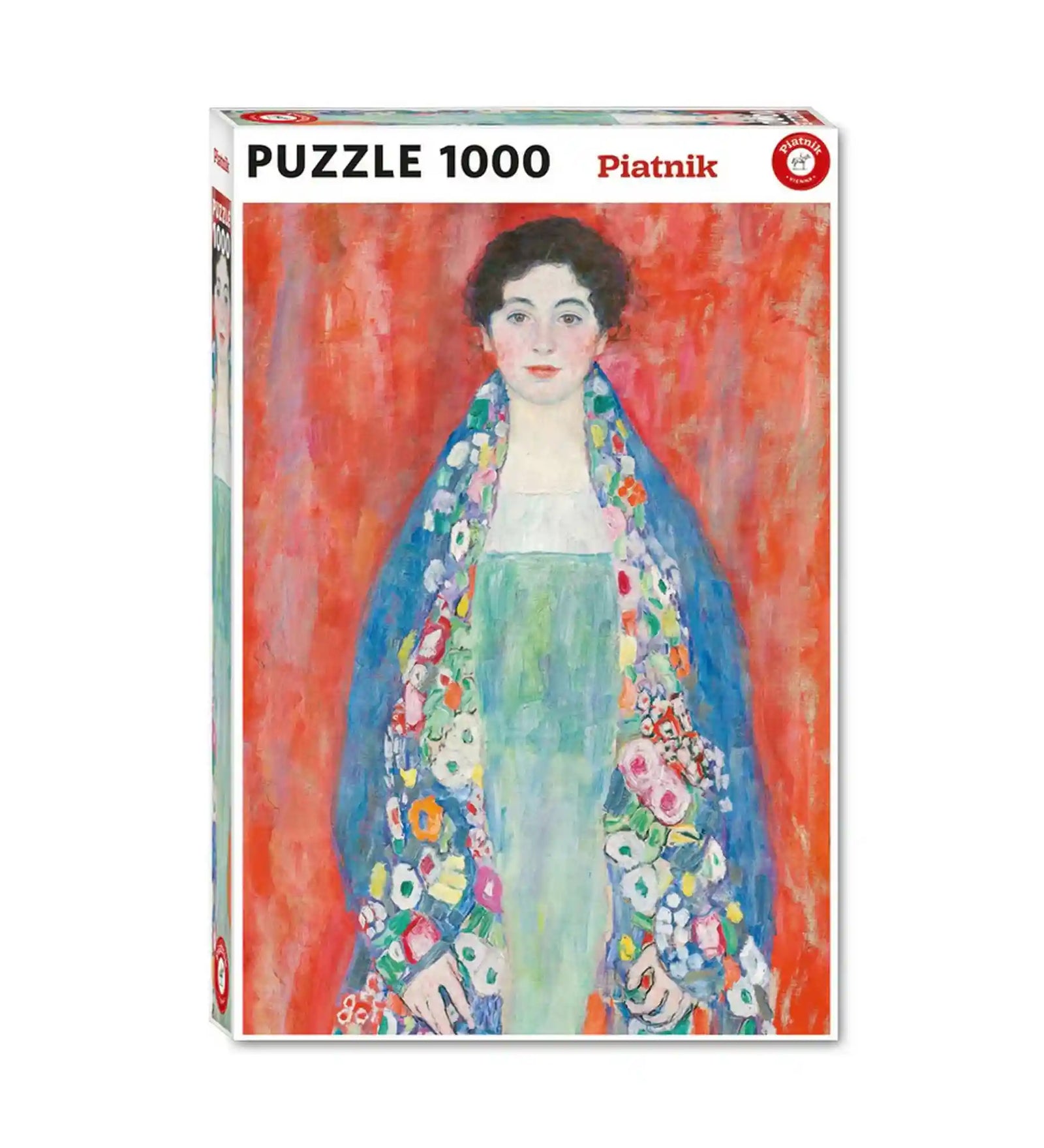Piatnik Fräulein Lieser – Gustav Klimt 1000 darabos puzzle dobozképe, a híres szecessziós portréval, gazdag díszítőmotívumokkal és élénk színekkel.