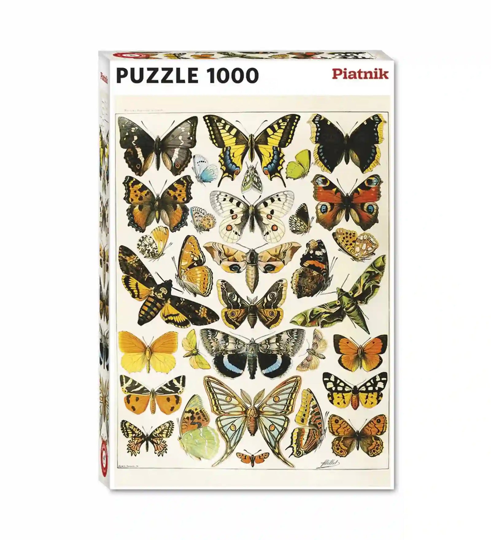Piatnik Butterflies and Moths – Adolphe Millot 1000 darabos puzzle dobozképe, vintage entomológiai illusztrációval, színes lepkékkel és molyokkal.