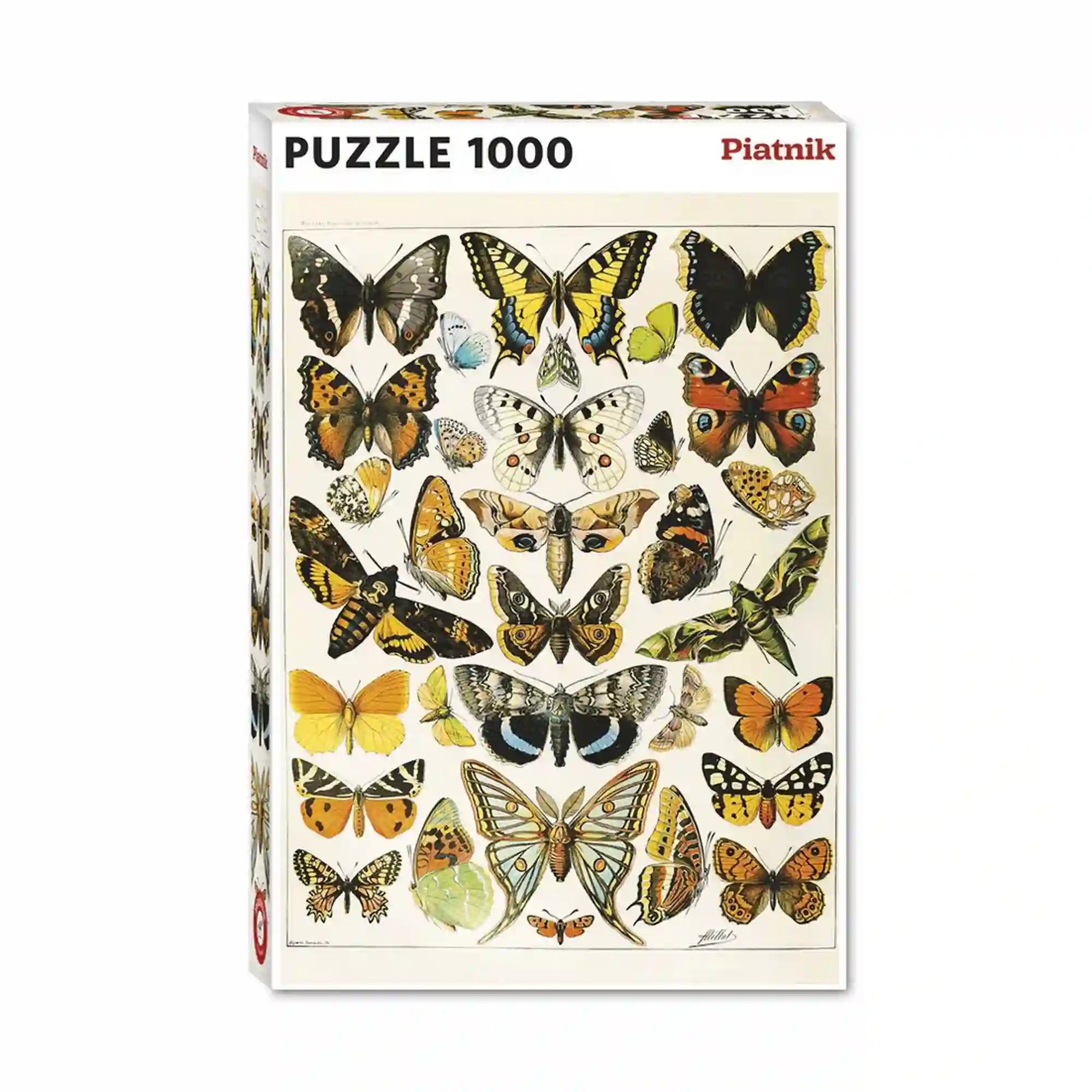Piatnik Butterflies and Moths – Adolphe Millot 1000 darabos puzzle dobozképe, vintage entomológiai illusztrációval, színes lepkékkel és molyokkal.