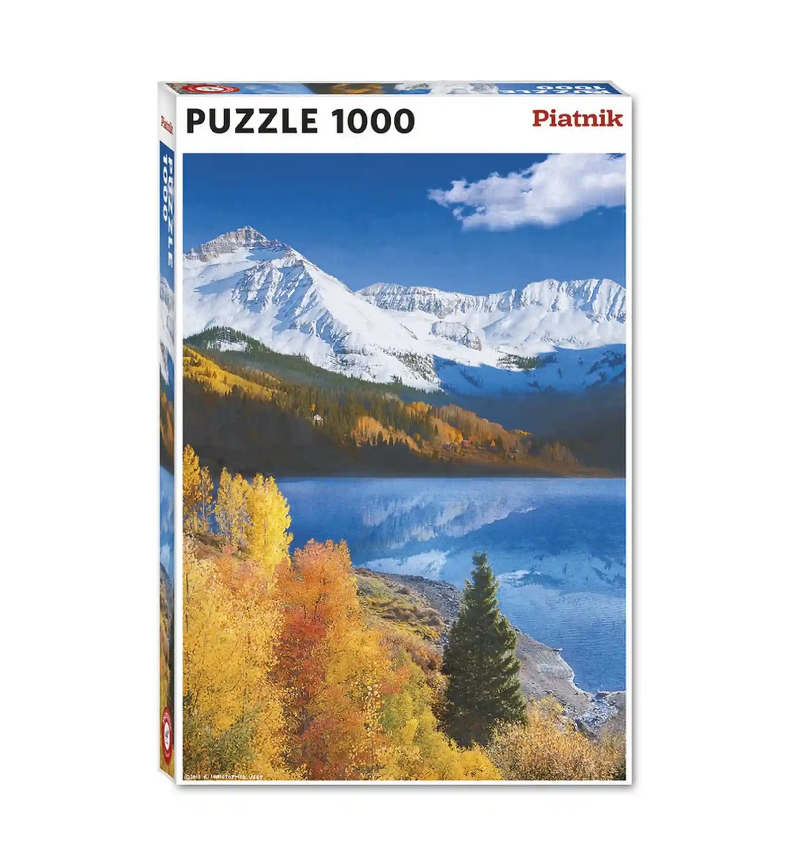 Piatnik Trout Lake Landscape 1000 darabos puzzle dobozképe, amely egy kristálytiszta hegyi tavat, őszi erdőt és hófödte hegycsúcsokat ábrázol.