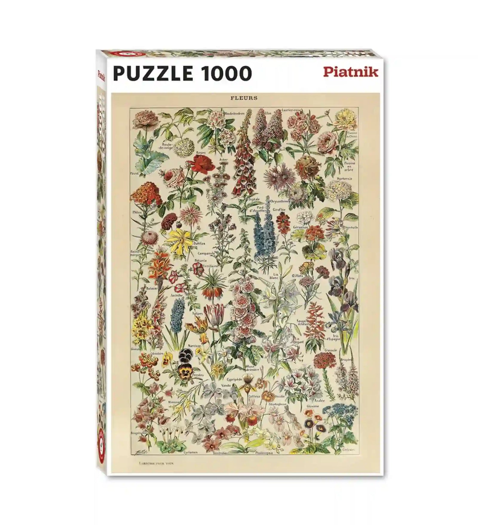 Piatnik Flowers – Adolphe Millot 1000 darabos puzzle dobozképe klasszikus botanikai táblával, különféle virágok és növények részletgazdag illusztrációjával.