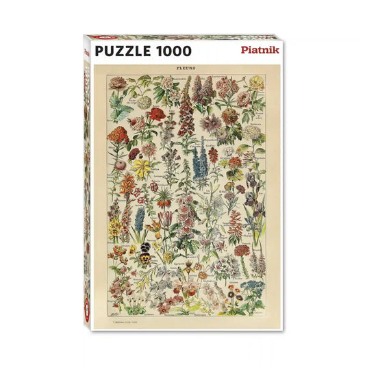 Piatnik Flowers – Adolphe Millot 1000 darabos puzzle dobozképe klasszikus botanikai táblával, különféle virágok és növények részletgazdag illusztrációjával.