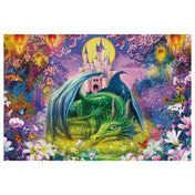 Schmidt Puzzle 150 darabos gyerek puzzle kirakott képe, alvó zöld sárkánnyal, holdfényes kastéllyal, virágokkal és varázslatos mesevilággal