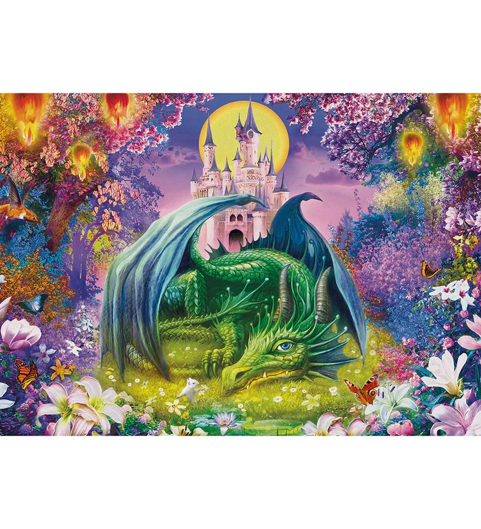 Schmidt Puzzle 150 darabos gyerek puzzle kirakott képe, alvó zöld sárkánnyal, holdfényes kastéllyal, virágokkal és varázslatos mesevilággal