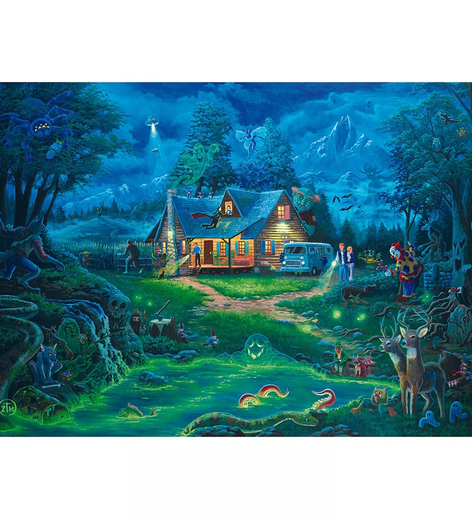 Zac Kinkade 1000 darabos Schmidt puzzle kirakott képe, misztikus erdei környezettel, világító tóval, faházzal, fantasy lényekkel és részletgazdag éjszakai hangulattal