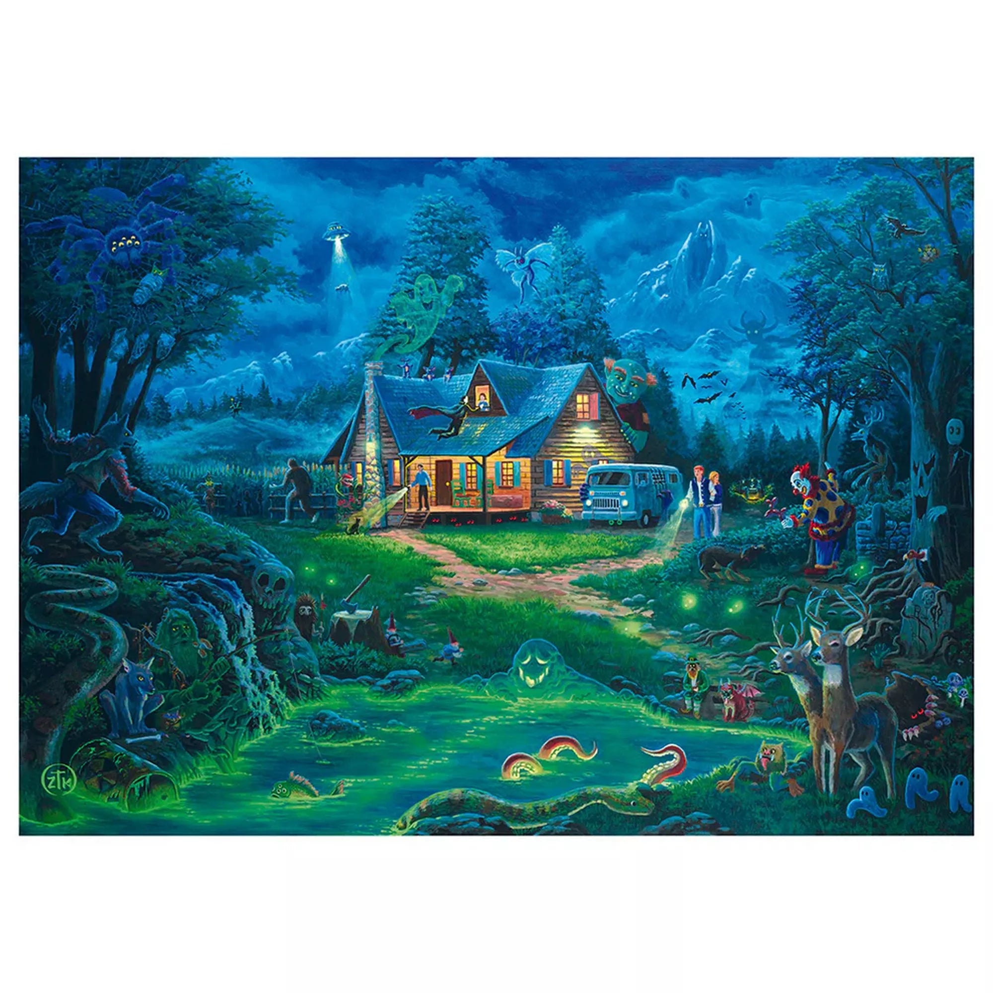 Zac Kinkade 1000 darabos Schmidt puzzle kirakott képe, misztikus erdei környezettel, világító tóval, faházzal, fantasy lényekkel és részletgazdag éjszakai hangulattal