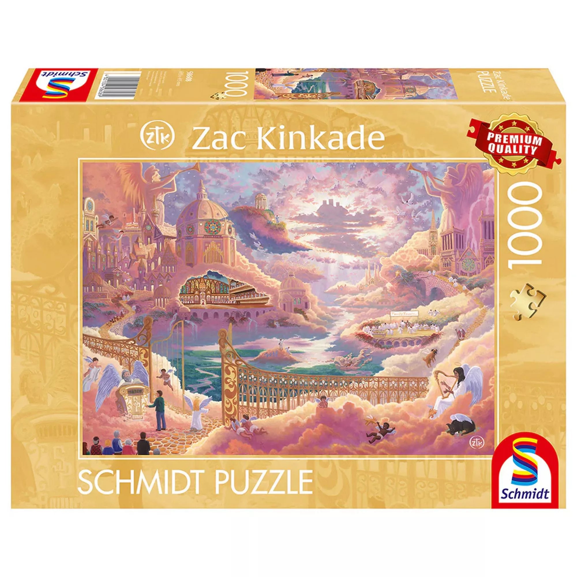 Zac Kinkade 1000 darabos Schmidt puzzle doboza, mennyei várost ábrázoló illusztrációval, angyalokkal, felhők között lebegő épületekkel és arany kapuval