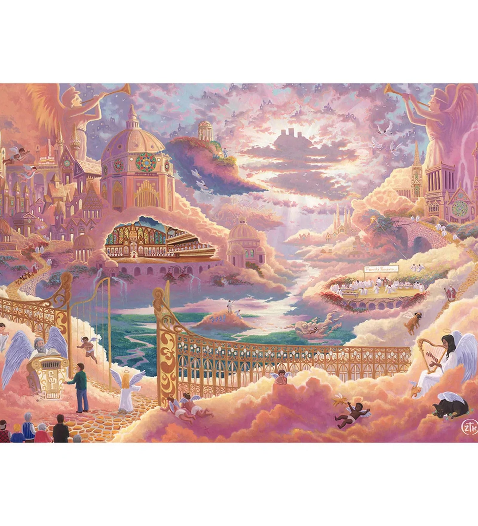 Zac Kinkade 1000 darabos Schmidt puzzle kirakott képe, égi birodalommal, pasztellszínű felhőkkel, angyalfigurákkal és részletgazdag mennyei városképpel