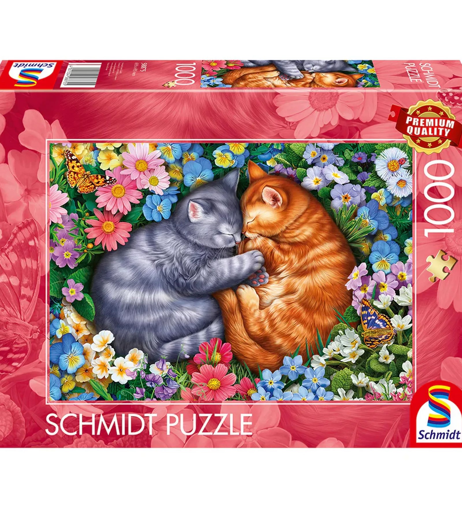 Schmidt Puzzle 1000 darabos kirakó doboza, két összebújó alvó cicával, színes virágokkal és pillangókkal, romantikus hangulatú illusztrációval